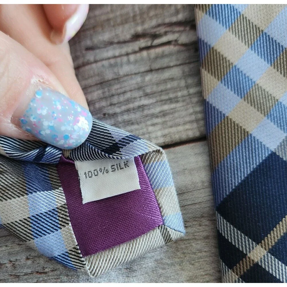 Burma Bibas Silk Tie Mens Plaid Tan Blue Navy Woven Designer Classic 3.5”W 58”L